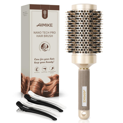 AIMIKE Round Hair Brush, Nano Thermal Ceramic & Ionic Tech, 2.1 Inch Barrel with Boar Bristles for Enhanced Texture, Golden, Hair Drying, Styling, Curling and Shine + 4 Free Clips