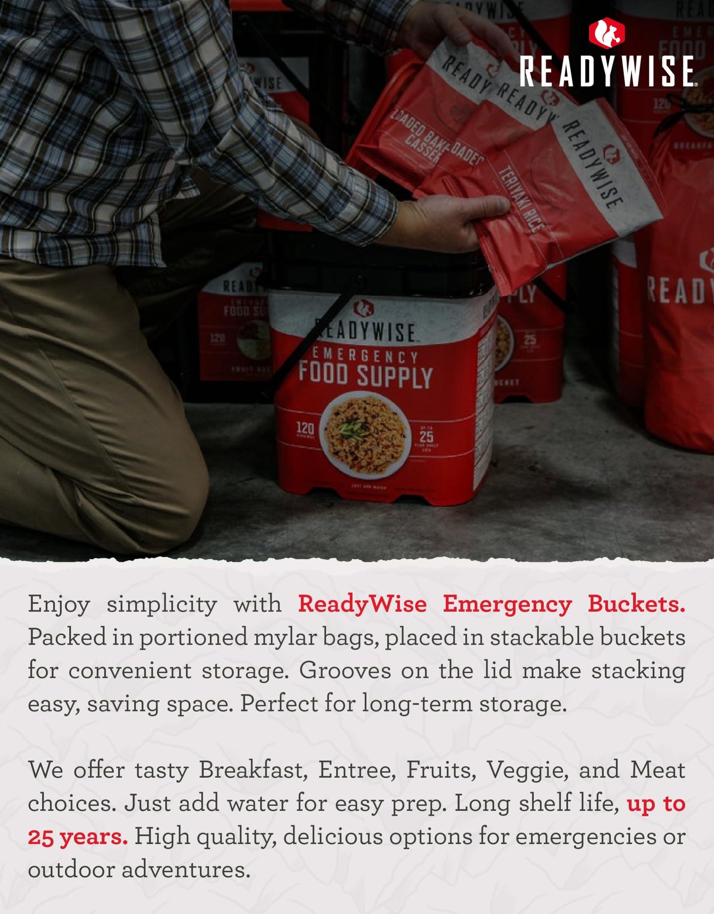 READYWISE - 30 Day, Emergency Food Supply, 298 Servings, 2 Buckets, Freeze-Dried, MRE, Camping, Hiking, Survival, Adventure Meal, 25-Year Shelf Life