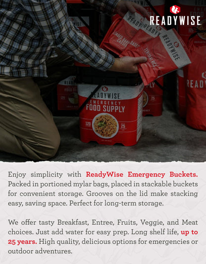 READYWISE - 30 Day, Emergency Food Supply, 298 Servings, 2 Buckets, Freeze-Dried, MRE, Camping, Hiking, Survival, Adventure Meal, 25-Year Shelf Life