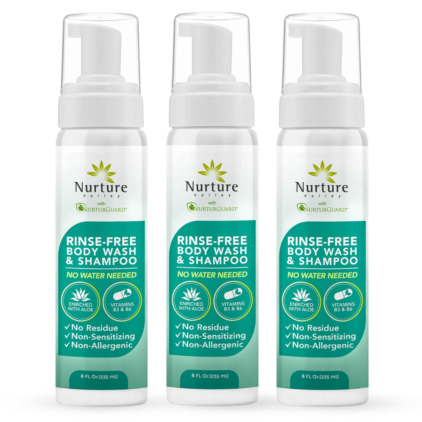 Nurture Rinse Free Body Wash & Shampoo w/Aloe | Hospital Grade Hair & Body Waterless Cleansing Foam | Women, Camping, Elderly & Hospital Patients | Shower Bath & Hand Soap for Sensitive Skin