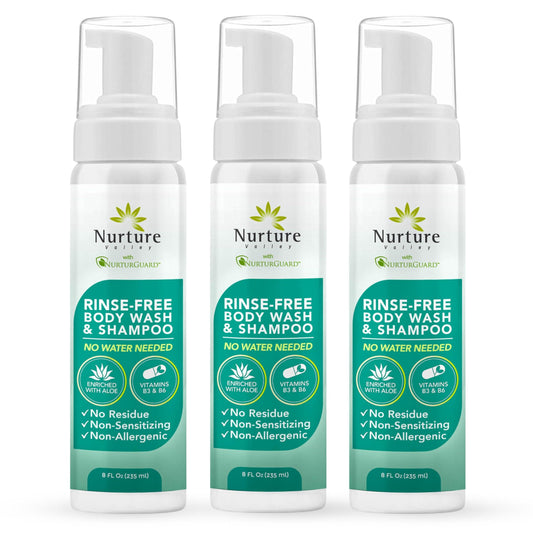 Nurture Rinse Free Body Wash & Shampoo w/Aloe | Hospital Grade Hair & Body Waterless Cleansing Foam | Women, Camping, Elderly & Hospital Patients | Shower Bath & Hand Soap for Sensitive Skin