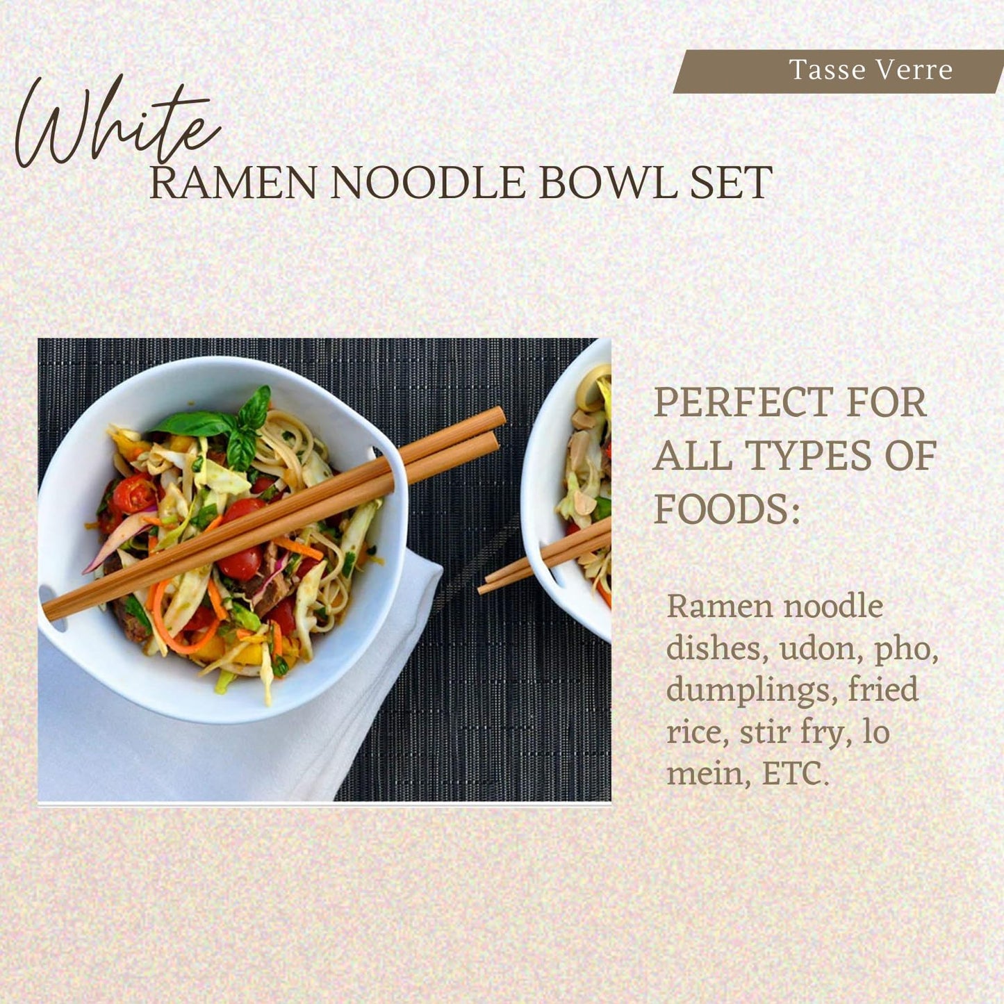 Tasse Verre Porcelain Noodle Soup Bowl w/Bamboo Chopsticks and Ceramic Spoon 20 oz, 2-Pack