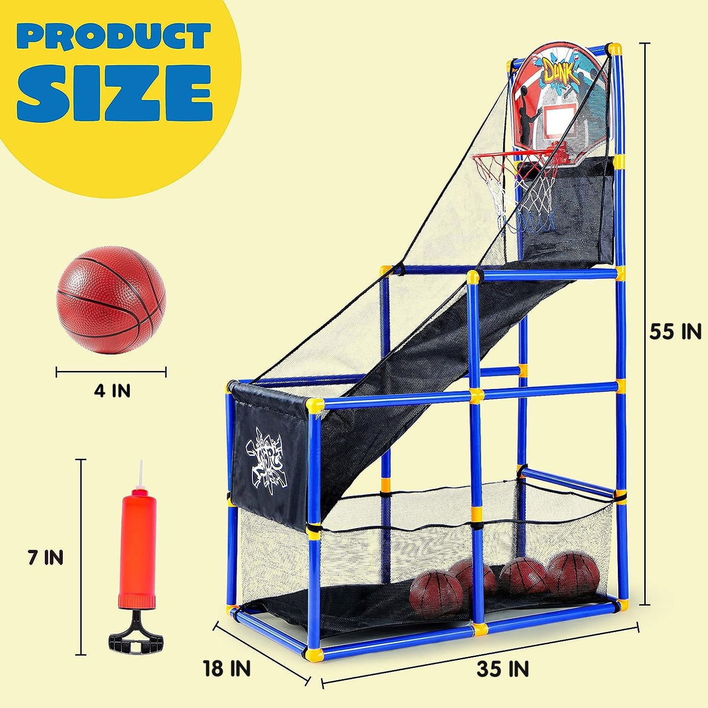 JOYIN Arcade Basketball Game Set with 4 Balls and Hoop for Kids 3 to 12 Years Old Indoor Outdoor Sport Play - Easy Set Up - Air Pump Included - Ideal for Competition