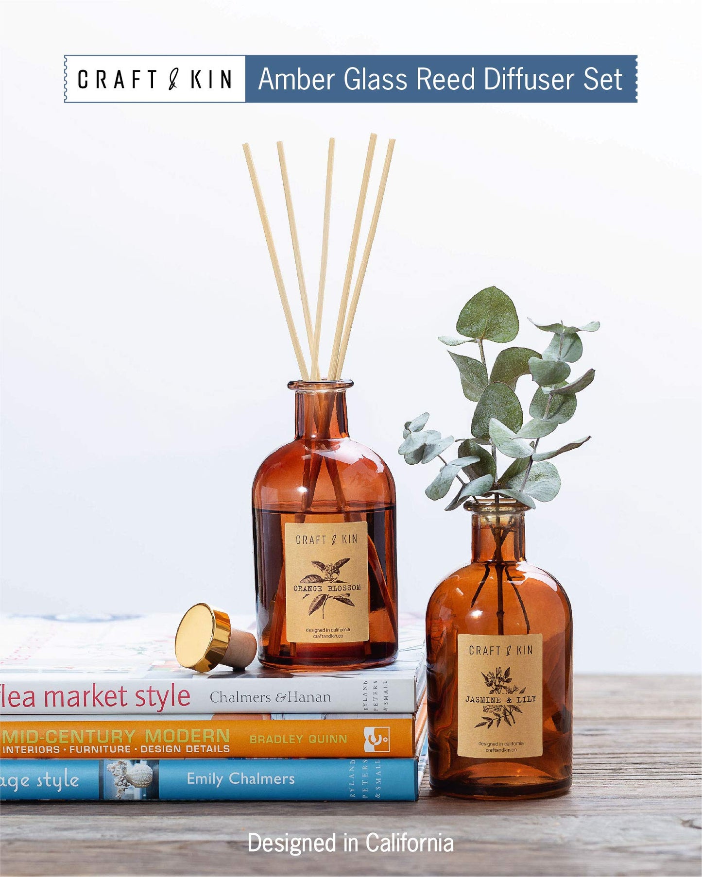 Jasmine & Lily Reed Diffuser | Includes All Natural Essential Oil & 8 Rattan Scent Sticks | Reed Diffuser Set for Bathroom | Reed Diffusers for Home | Long Lasting Home Fragrance in Amber Glass-5.75oz