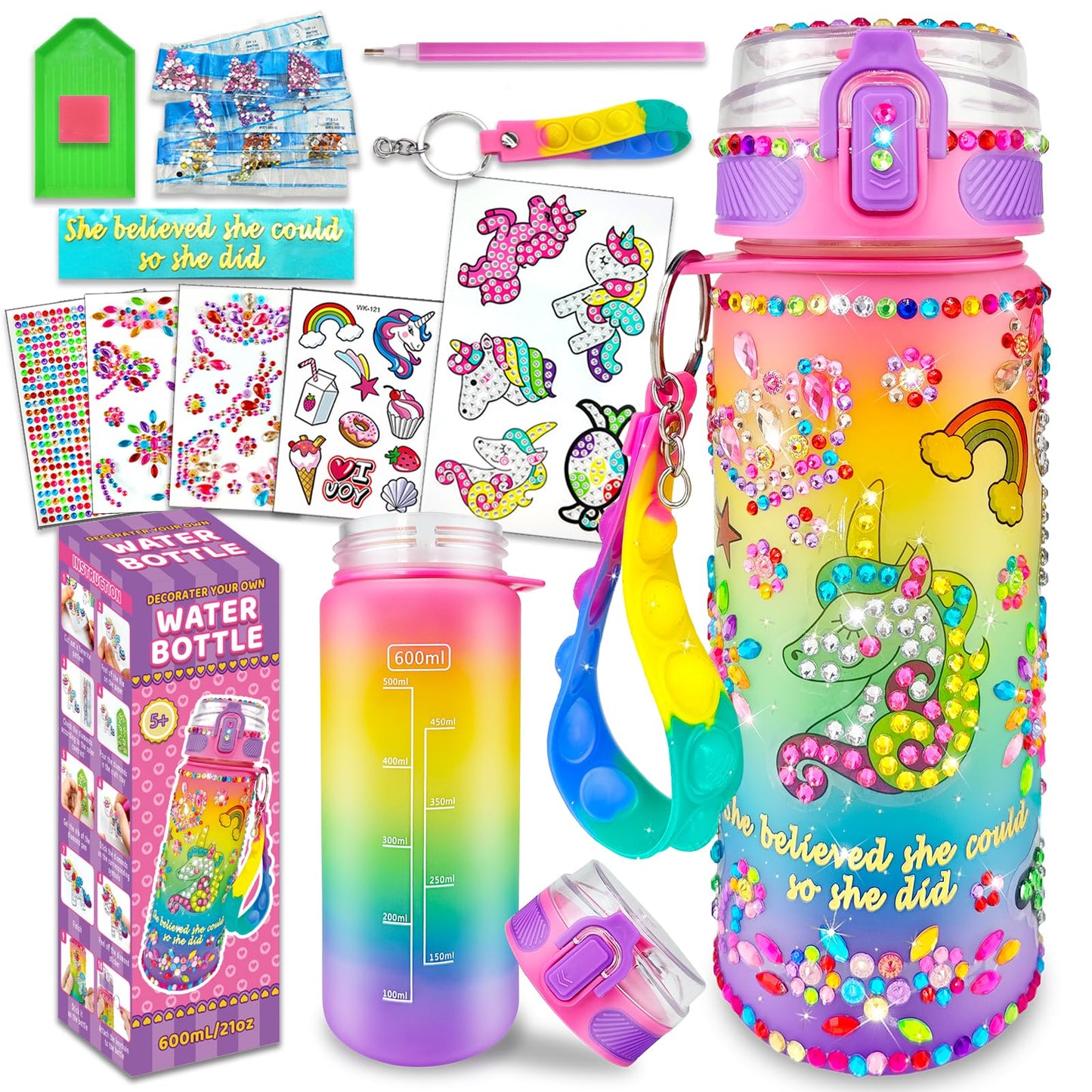 EDsportshouse Decorate Your Own Water Bottle Kits for Girls Age 4-6-8-10,Unicorn Painting Crafts,Fun Arts and Crafts Gifts Toys for Girls Birthday Christmas(Unicorn)