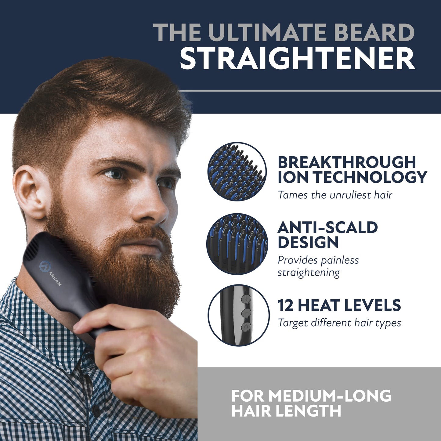 Arkam Beard Straightener for Men -Premium Heated Beard Brush Kit w/Anti-Scald Feature, Dual Action Hair Comb and Hard Shell Travel Case for Medium to Long Beards - Costume and Grooming Gifts for Men