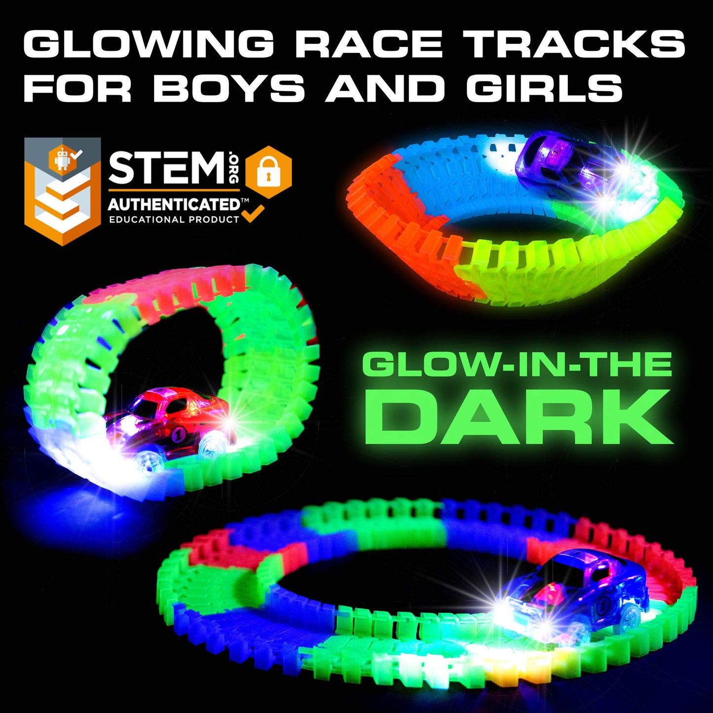 USA Toyz Glow Race Tracks and LED Toy Cars - 360pk Glow in The Dark Bendable Rainbow Race Track Set STEM Building Toys for Boys and Girls with 2 Light Up Toy Cars