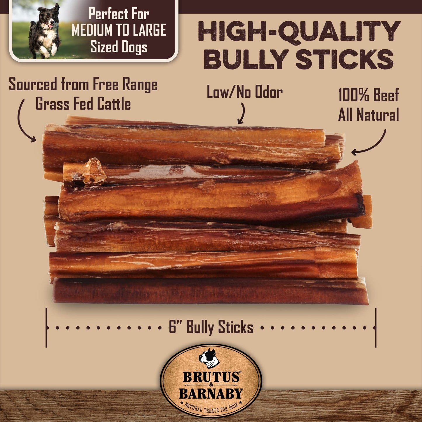 BRUTUS & BARNABY Grass Fed Bully Sticks for Dogs, Fully Digestible Dog chew, Grain Free, Rawhide Free, 100% Natural Beef, Small Batched for Freshness and Low Odor