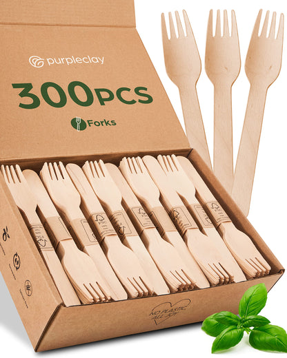 Wooden Disposable Forks - 300 Piece Wood Compostable Forks - Eco-Friendly Biodegradable Utensils for Party - Free From Plastic Cutlery Set - Disposable Cutlery Fork for Eating - Compostable Utensils