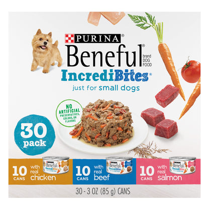 Purina Beneful Small Breed Wet Dog Food Variety Pack, IncrediBites With Real Beef, Chicken and Salmon - (Pack of 30) 3 Oz. Cans