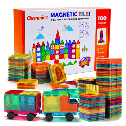 Gemmicc Magnetic Tiles 100 PCS w/ 2 Cars, STEM Approved Educational Magnet BuildingToys, Magnet Puzzles Stacking Blocks for Boys Girls