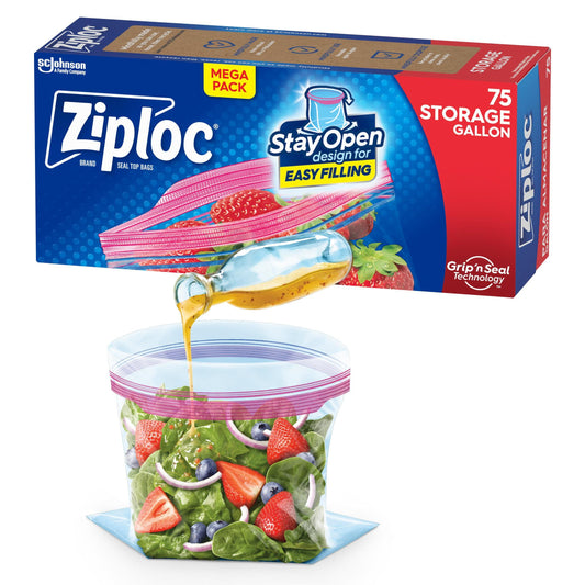 Ziploc Gallon Food Storage Bags, Stay Open Design with Stand-Up Bottom, Easy to Fill, 75 Count