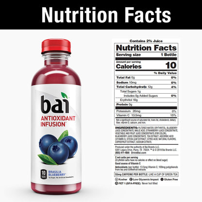 Bai Flavored Water, Brasilia Blueberry, Antioxidant Infused Drinks, 18 Fluid Ounce Bottle (Pack of 12)