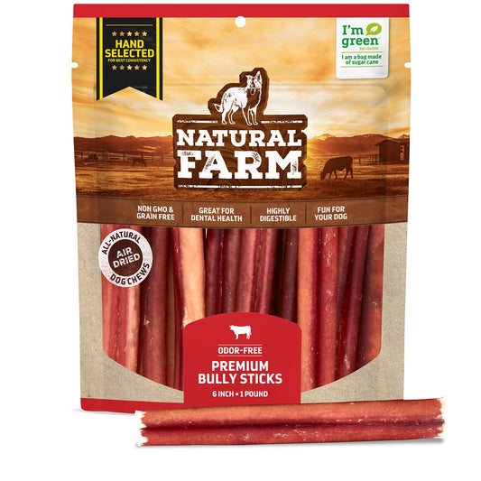 Natural Farm Odor-Free Select Bully Sticks, (6-Inch, 1-Pound), Hand Selected for Consistent Thickness, 100% Beef Pizzle Dog Chews, Fully Digestible, High Protein, Best Dental Treats