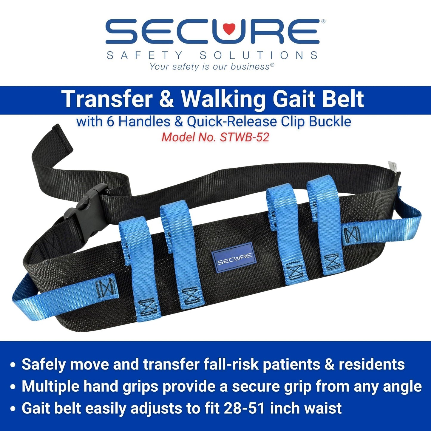 Secure (2 Pack) Transfer Gait Belt with Caregiver Handles and Quick Release Buckle - Elderly Patient Ambulation Walking Belt Nurse Assist