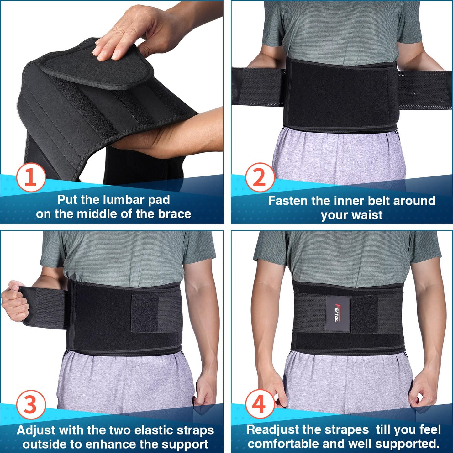 FEATOL Back Brace Support Belt-Lumbar Support Back Brace for Back Pain, Sciatica, Scoliosis, Herniated Disc Adjustable Support Straps-Lower Back Brace with Removable Lumbar Pad for Men & Women