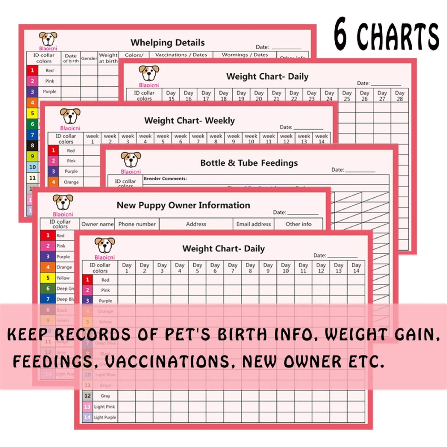Puppy ID Collar Identification Soft Nylon Adjustable Breakaway Safety Whelping Litter Collars for Newborn Pets with Record Keeping Charts 12pcs/Set (S)