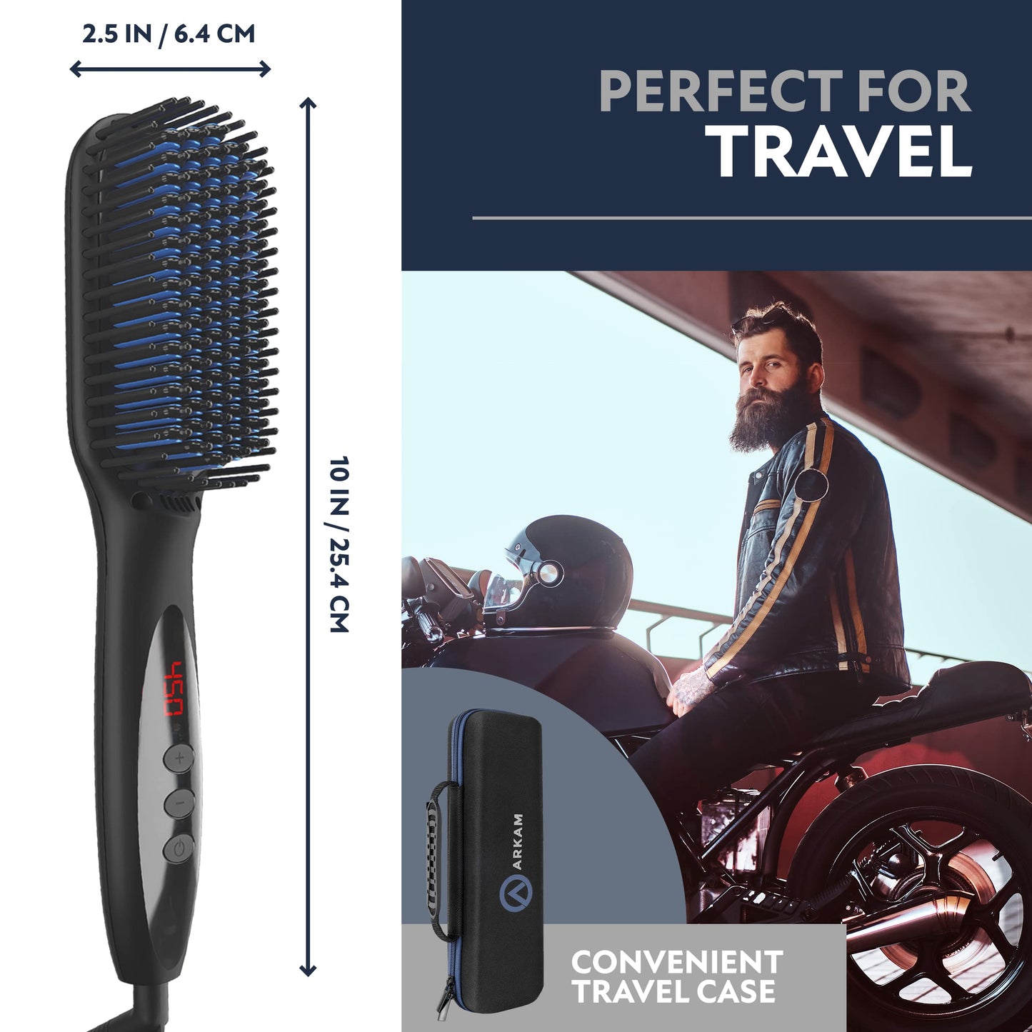 Arkam Beard Straightener for Men -Premium Heated Beard Brush Kit w/Anti-Scald Feature, Dual Action Hair Comb and Hard Shell Travel Case for Medium to Long Beards - Costume and Grooming Gifts for Men