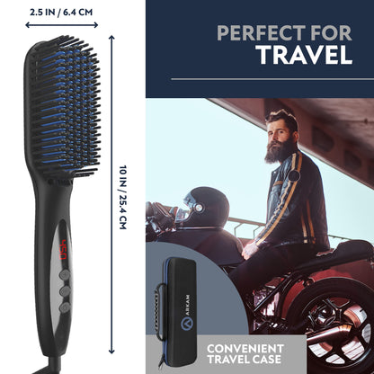 Arkam Beard Straightener for Men -Premium Heated Beard Brush Kit w/Anti-Scald Feature, Dual Action Hair Comb and Hard Shell Travel Case for Medium to Long Beards - Costume and Grooming Gifts for Men