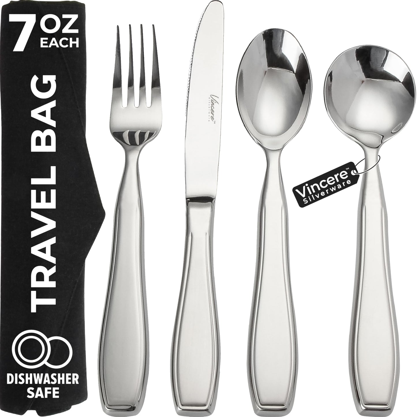 Weighted Utensils for Tremors and Parkinsons, Heavy Weight Stainless Steel Silverware Set, Adaptive Eating Flatware Helps Hand Tremors, Parkinsons Aids for Living, Arthritis - Knife, Fork, Spoons, 7oz