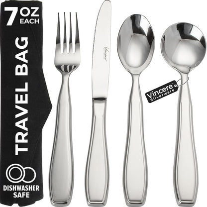 Weighted Utensils for Tremors and Parkinsons, Heavy Weight Stainless Steel Silverware Set, Adaptive Eating Flatware Helps Hand Tremors, Parkinsons Aids for Living, Arthritis - Knife, Fork, Spoons, 7oz