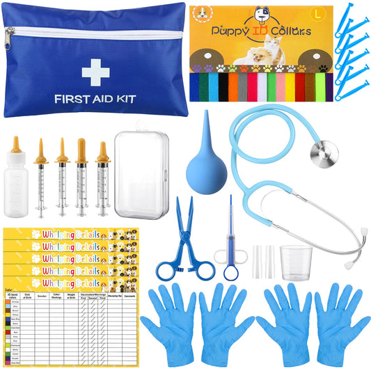 48 Pcs Puppy Kitten Whelping Kit Include 4 Puppy Feeding Tube, 6 Record Keeping Charts, 15 Puppy Whelping Collars, 15 Cord Clamps, 2 Gloves, Bulb Aspirator, Syringe, Bottle, Scissors, Stethoscope, Bag