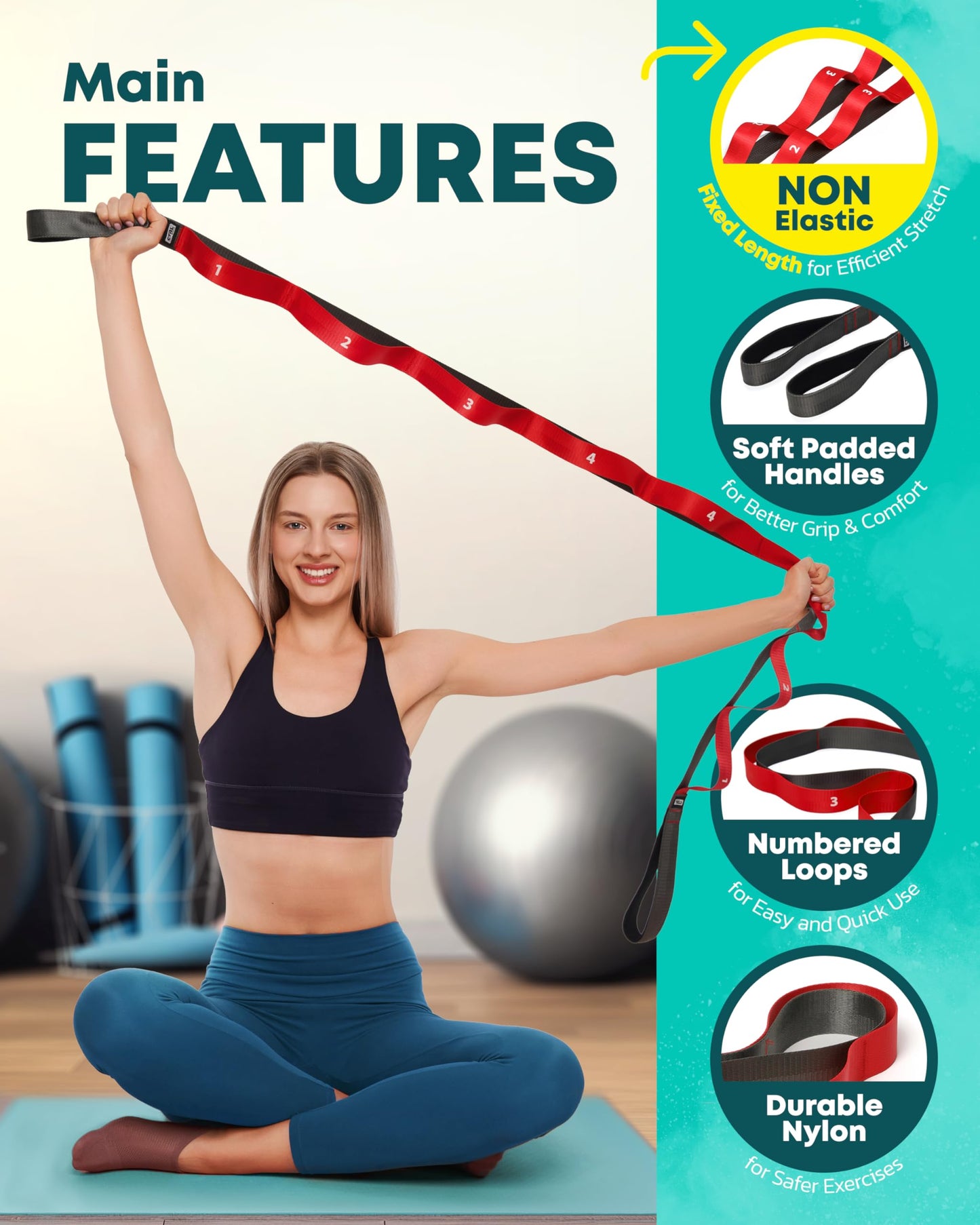 Stretching Strap with Loops - Non Elastic Stretch Band for Physical Therapy, Yoga Strap for Stretching Equipment, Stretch Bands for Exercise and Flexibility - Fascia, Hamstring and Leg Stretcher Belt