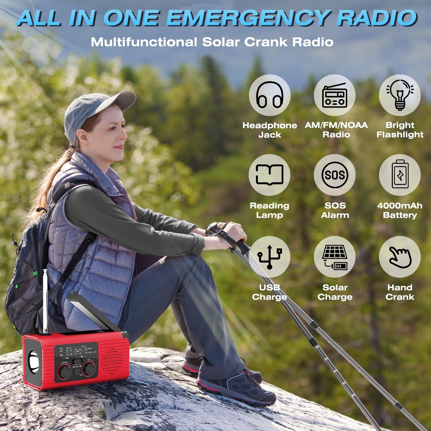 [2024 Newest] NOAA Emergency Weather Radio, 4000mAh Weather Alert Radio Solar Charging, Hand Crank & USB Charged, AM/FM Radio with LED Flashlight, Reading Lamp, SOS Alarm, Headphone Jack for Outdoor