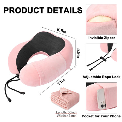 urnexttour Travel Pillow and Blanket Set Neck Pillow Airplane Memory Foam for Traveling Compact with Bag Pink