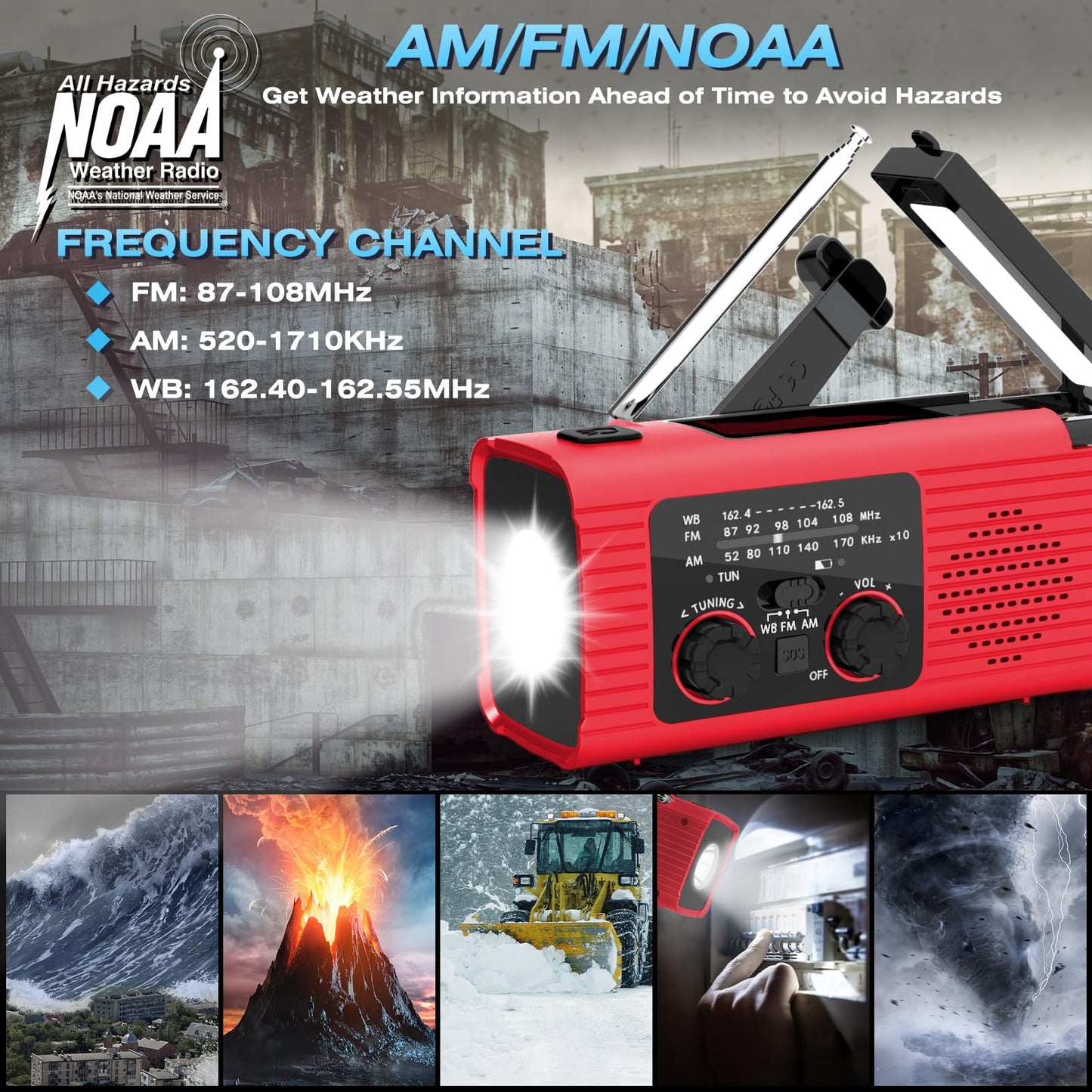 [2024 Newest] NOAA Emergency Weather Radio, 4000mAh Weather Alert Radio Solar Charging, Hand Crank & USB Charged, AM/FM Radio with LED Flashlight, Reading Lamp, SOS Alarm, Headphone Jack for Outdoor