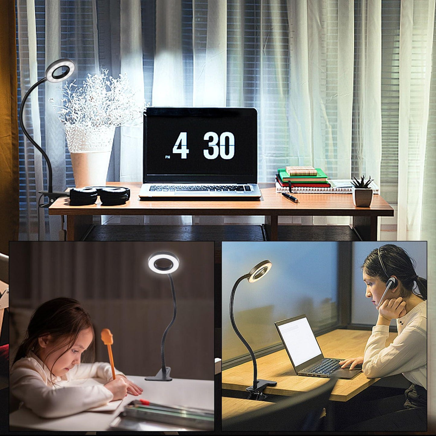 Woputne Desk Clip on Lamp for Reading Home Office, 10 Dimmable Brightness 3 Modes, Clamp Light for Bed Headboard, Craft