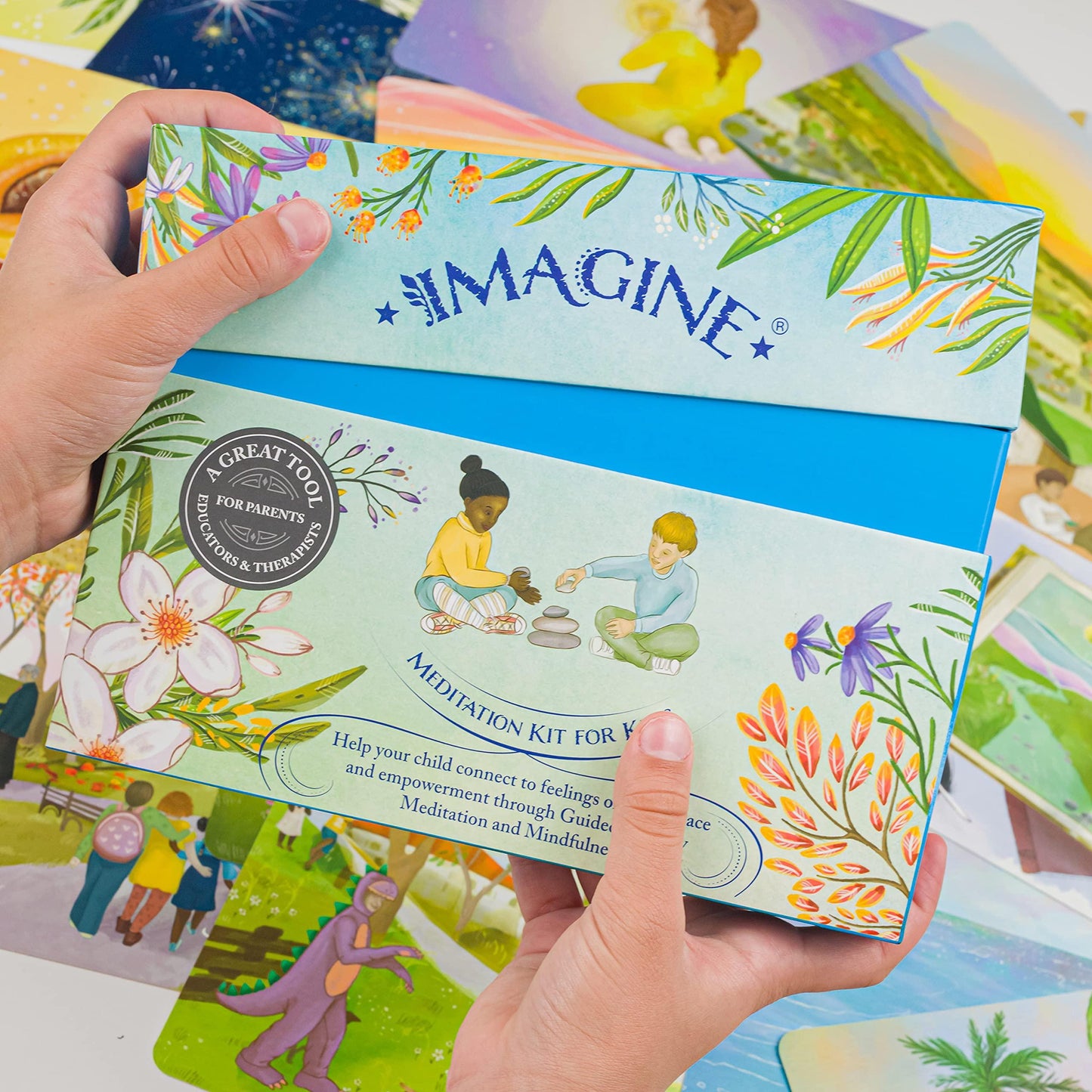 Imagine Meditation Kit for Kids - Award-Winning Mindfulness kit of XL Cards with Calming Guided Meditations for Empowerment, Focus and Relaxation. Great for Parents, Teachers and Therapists.