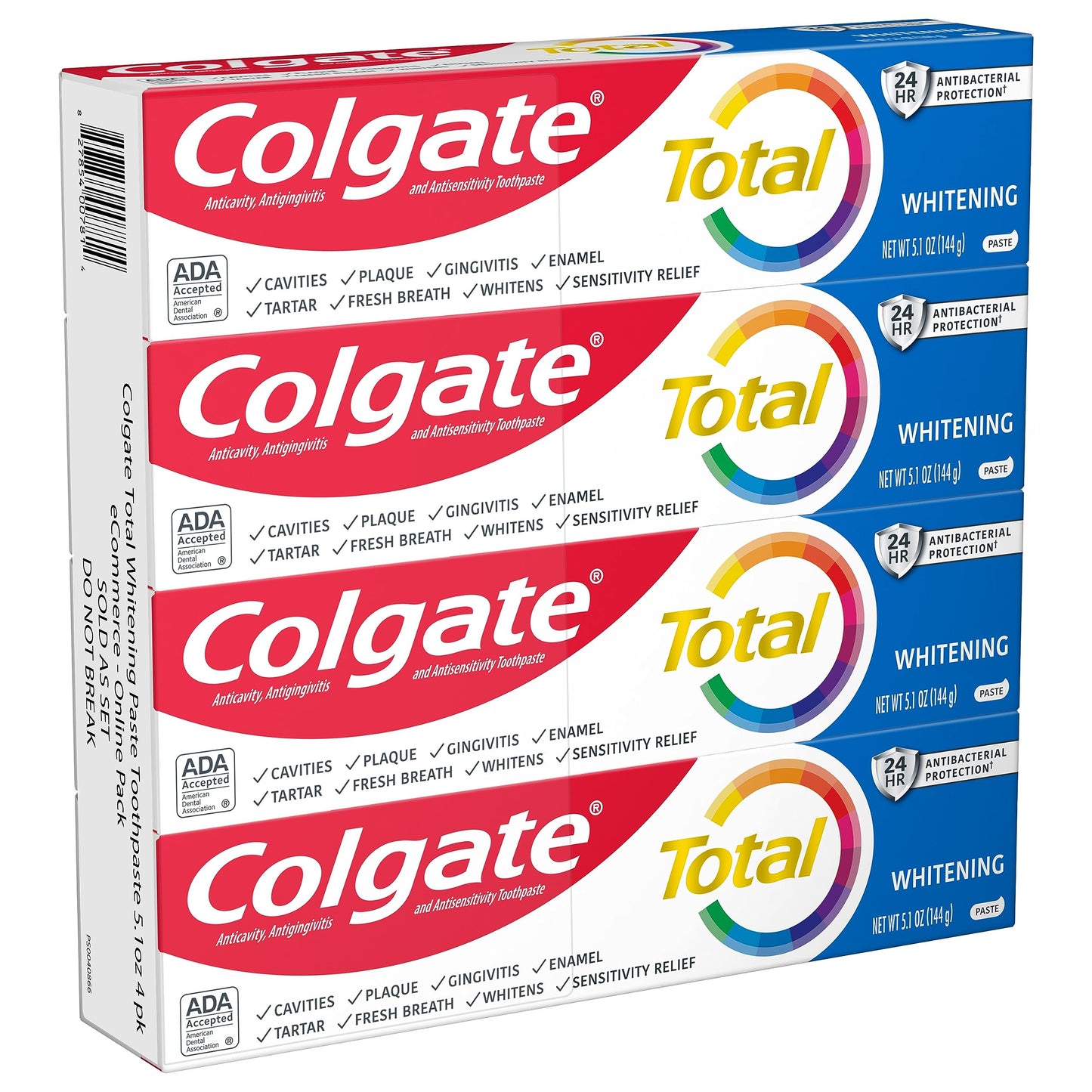 Colgate Total Whitening Toothpaste with Fluoride, 10 Benefits Including Sensitivity Relief and Stain Removal, Mint, 5.1 ounces (4 Pack)