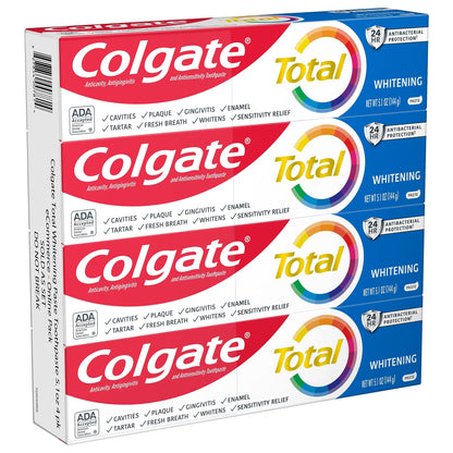 Colgate Total Whitening Toothpaste with Fluoride, 10 Benefits Including Sensitivity Relief and Stain Removal, Mint, 5.1 ounces (4 Pack)