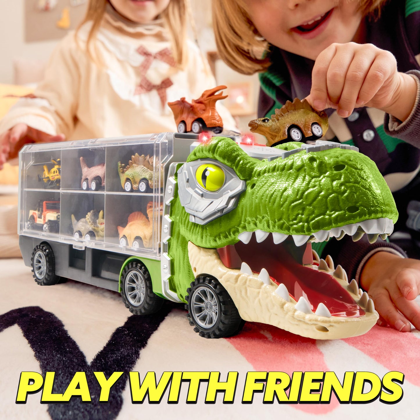 JOYIN 13 in 1 Dinosaur Toys for Kids 3-5, Dinosaur Truck with 12 Pull Back Cars, Dinosaur Cars Set, Birthday Gifts Toys for 3 4 5+ Year Old Boy, Transport Carrier Truck for Toddlers 3-4 Years