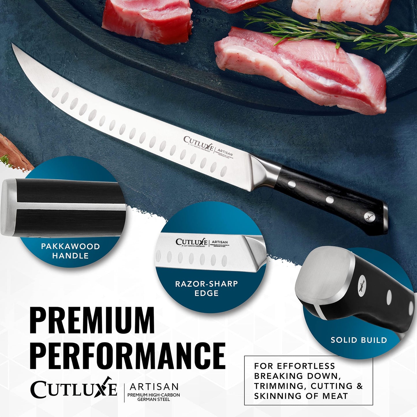 Cutluxe Butcher Knife – 10″ Cimeter Breaking Knife, Razor Sharp Forged High Carbon German Steel, Full Tang Carving Knife, Ergonomic Handle Design, Grilling Gifts for Men – Artisan Series