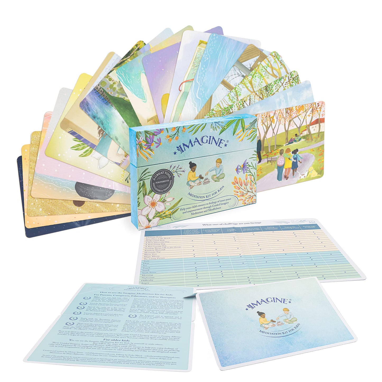 Imagine Meditation Kit for Kids - Award-Winning Mindfulness kit of XL Cards with Calming Guided Meditations for Empowerment, Focus and Relaxation. Great for Parents, Teachers and Therapists.