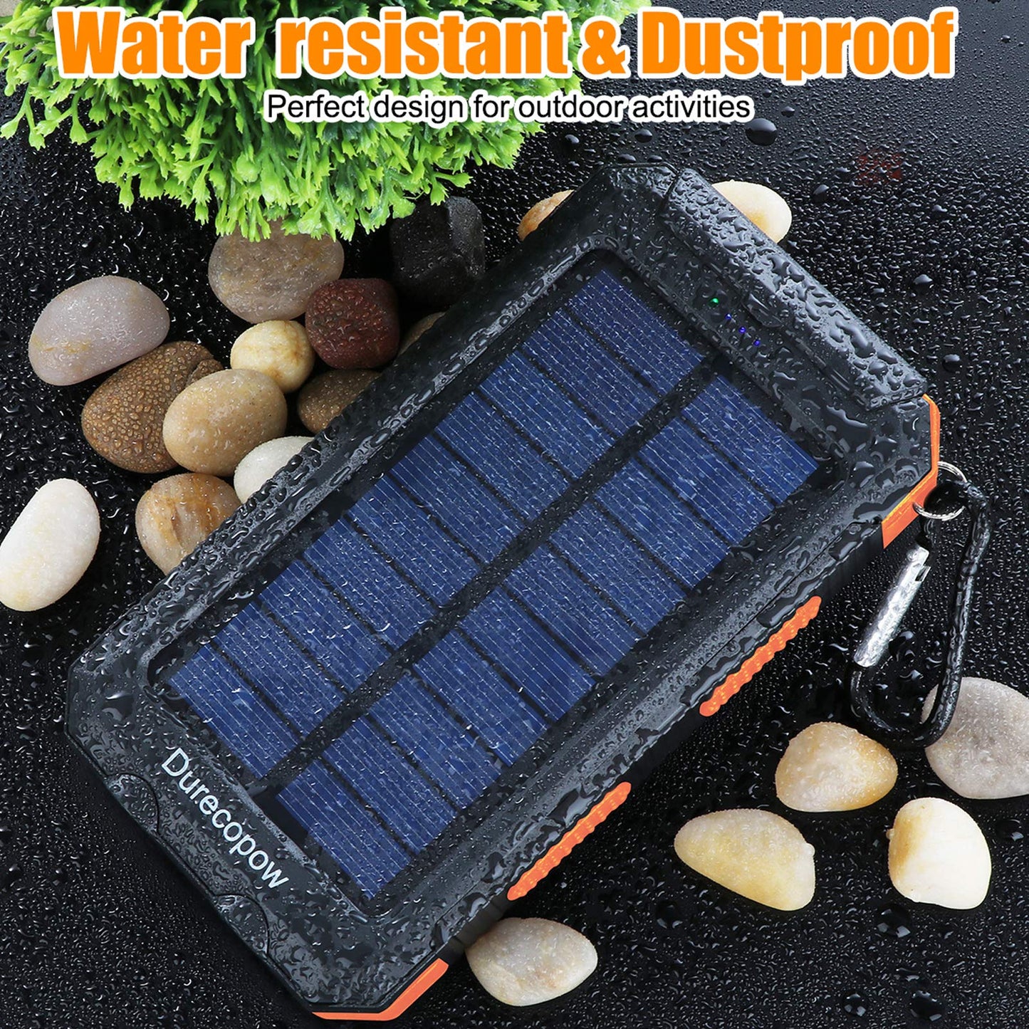 Solar Charger, 20000mAh Portable Outdoor Waterproof Solar Power Bank, Camping External Backup Battery Pack Dual 5V USB Ports Output, 2 Led Light Flashlight with Compass (Orange)