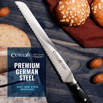 Cutluxe Bread Knife – 10" Serrated Knife for Homemade, Sourdough Bread – Forged High Carbon German Steel – Full Tang & Razor Sharp – Ergonomic Handle Design – Artisan Series