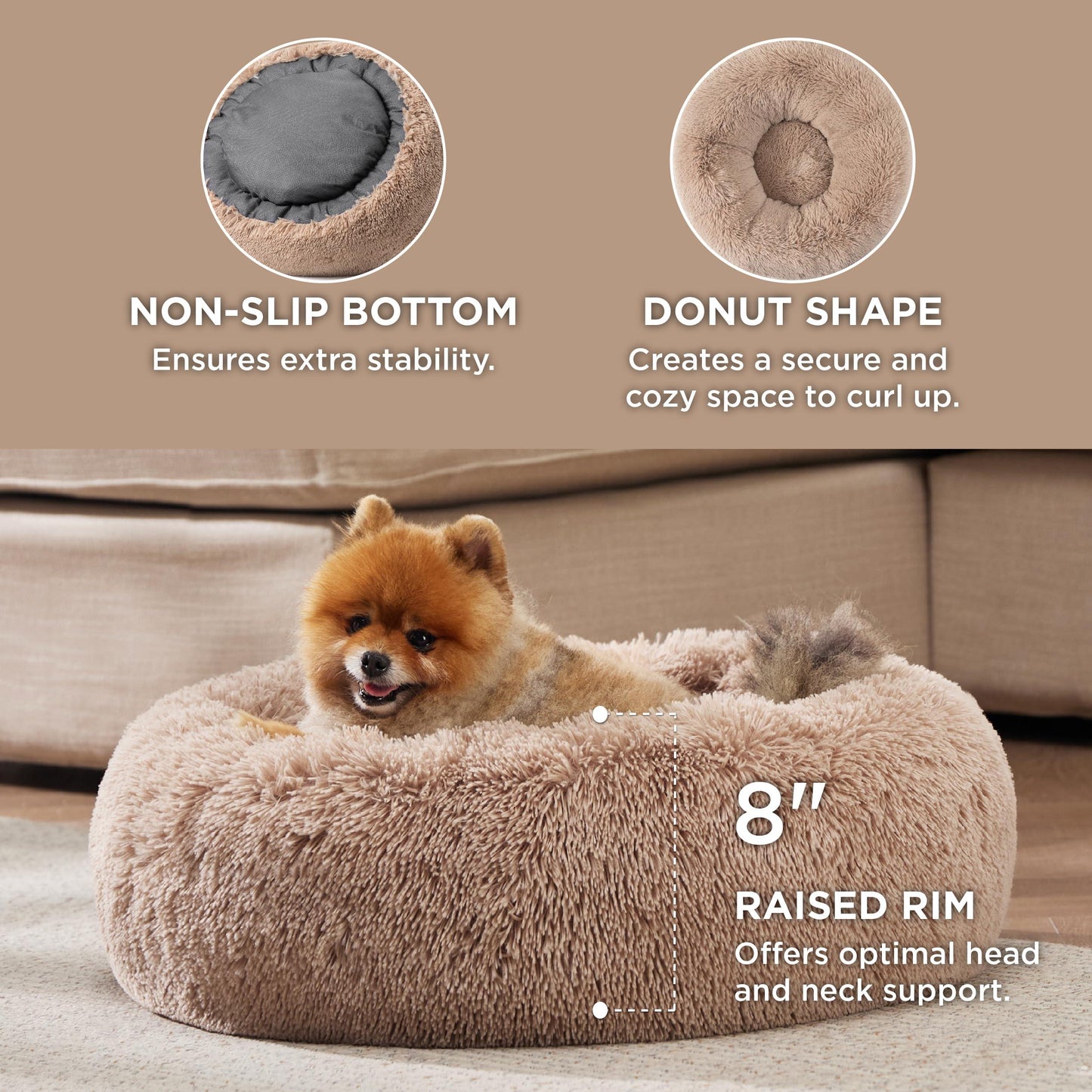 Bedsure Calming Dog Bed for Small Dogs - Donut Washable Small Pet Bed, 23 inches Anti-Slip Round Fluffy Plush Faux Fur Large Cat Bed, Fits up to 25 lbs Pets, Camel