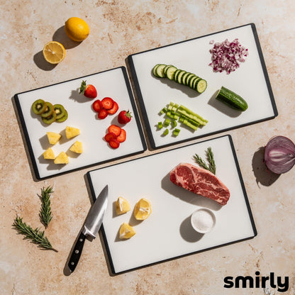 SMIRLY Plastic Cutting Board Set With Holder, Dishwasher Safe Plastic Cutting Boards Set for Kitchen, Cutting Boards for Kitchen - Plastic Chopping Board Set