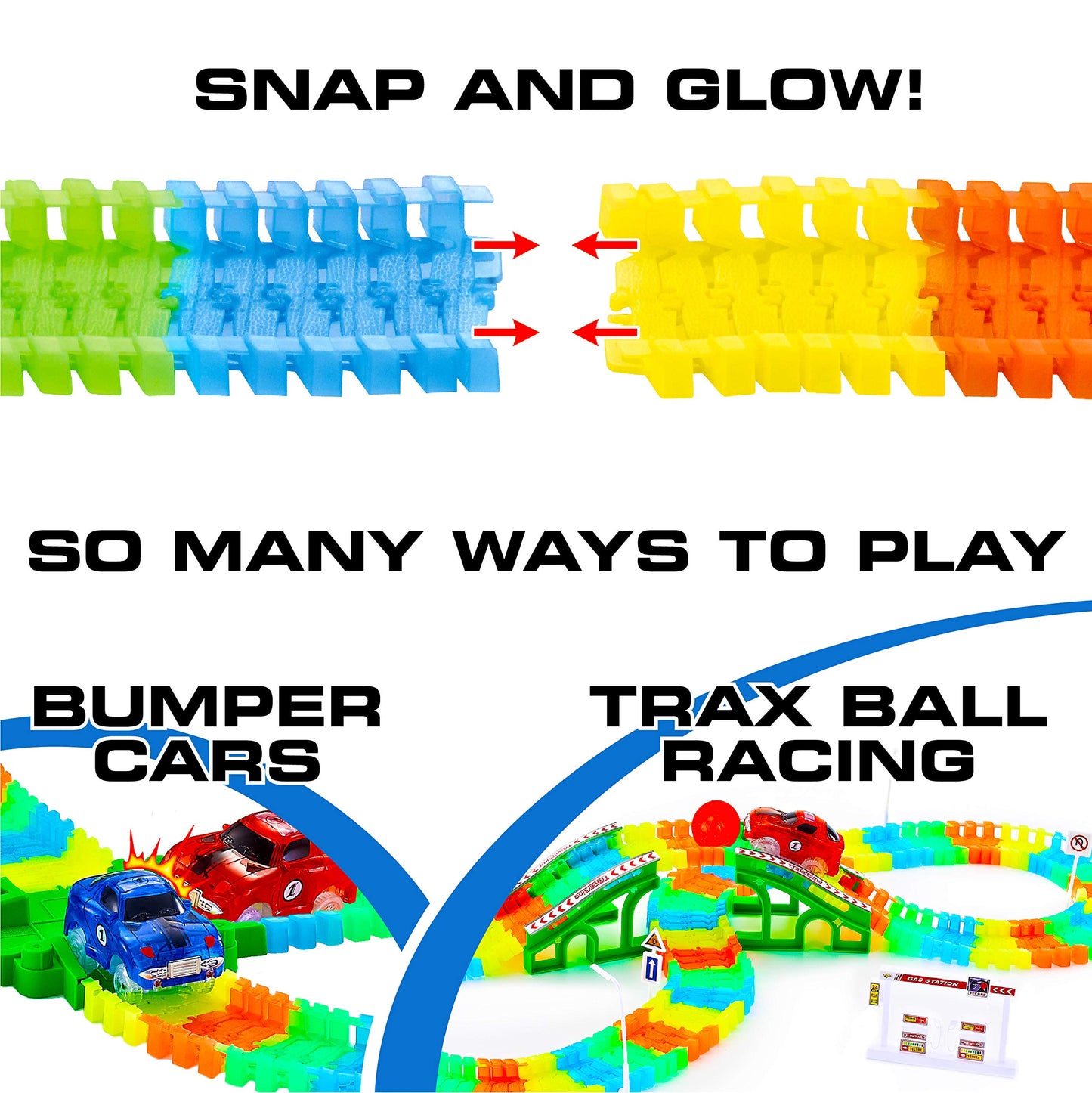 USA Toyz Glow Race Tracks and LED Toy Cars - 360pk Glow in The Dark Bendable Rainbow Race Track Set STEM Building Toys for Boys and Girls with 2 Light Up Toy Cars