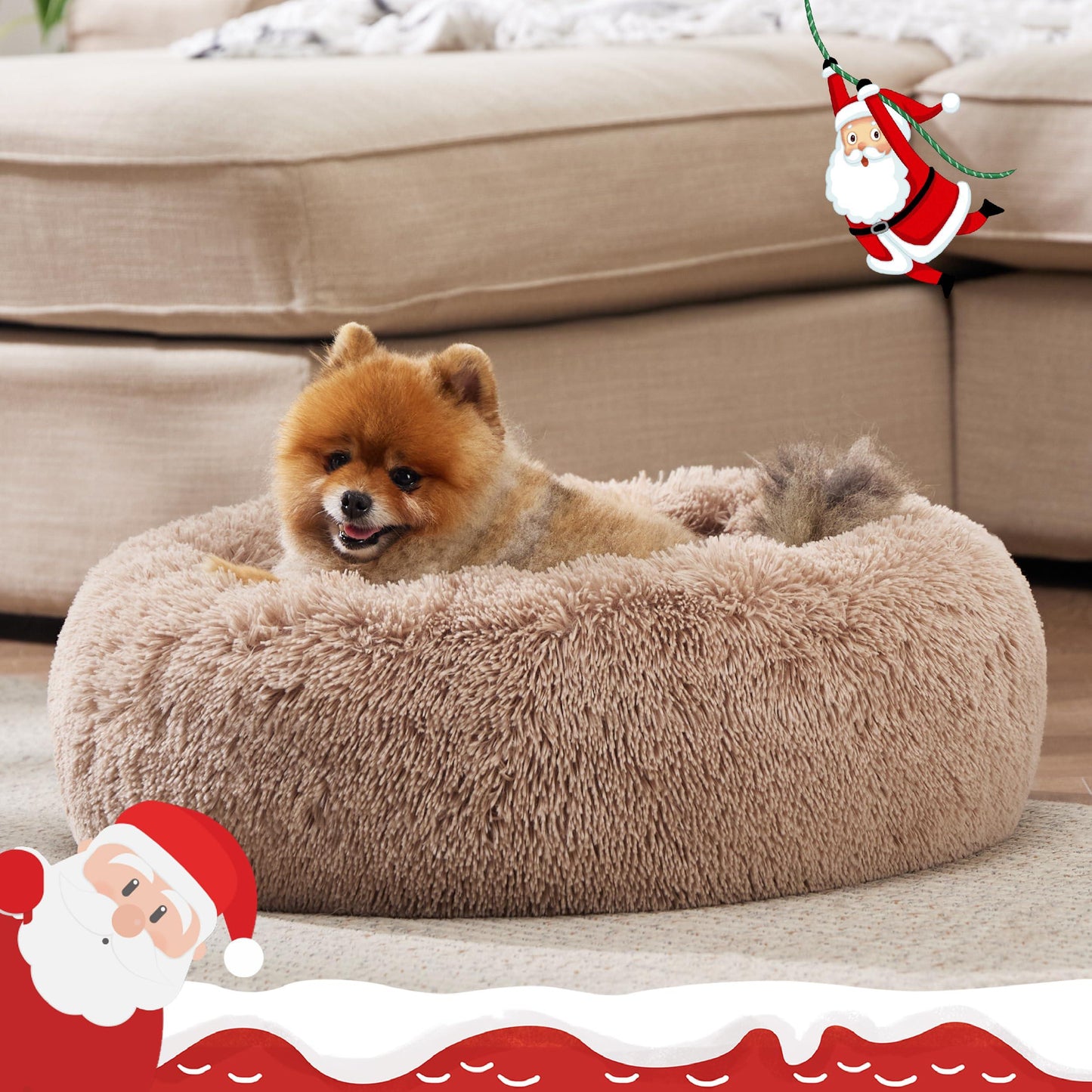 Bedsure Calming Dog Bed for Small Dogs - Donut Washable Small Pet Bed, 23 inches Anti-Slip Round Fluffy Plush Faux Fur Large Cat Bed, Fits up to 25 lbs Pets, Camel