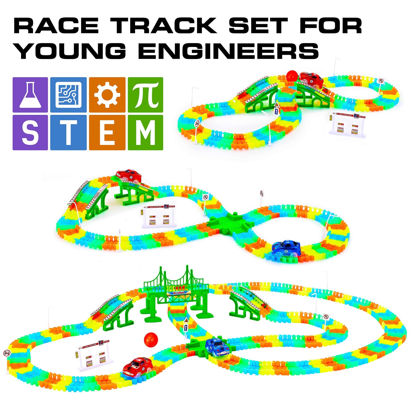 USA Toyz Glow Race Tracks and LED Toy Cars - 360pk Glow in The Dark Bendable Rainbow Race Track Set STEM Building Toys for Boys and Girls with 2 Light Up Toy Cars