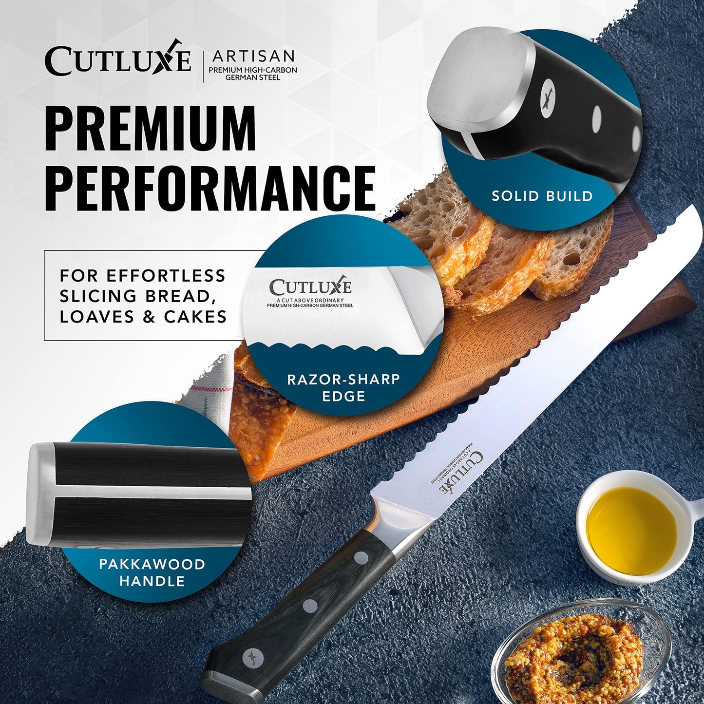 Cutluxe Bread Knife – 10" Serrated Knife for Homemade, Sourdough Bread – Forged High Carbon German Steel – Full Tang & Razor Sharp – Ergonomic Handle Design – Artisan Series