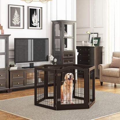 PAWLAND 144-inch Extra Wide 30-inches Tall Dog gate with Door Walk Through, Freestanding Wire Pet Gate for The House, Doorway, Stairs, Pet Puppy Safety Fence, Support Feet Included, Espresso,6 Panels